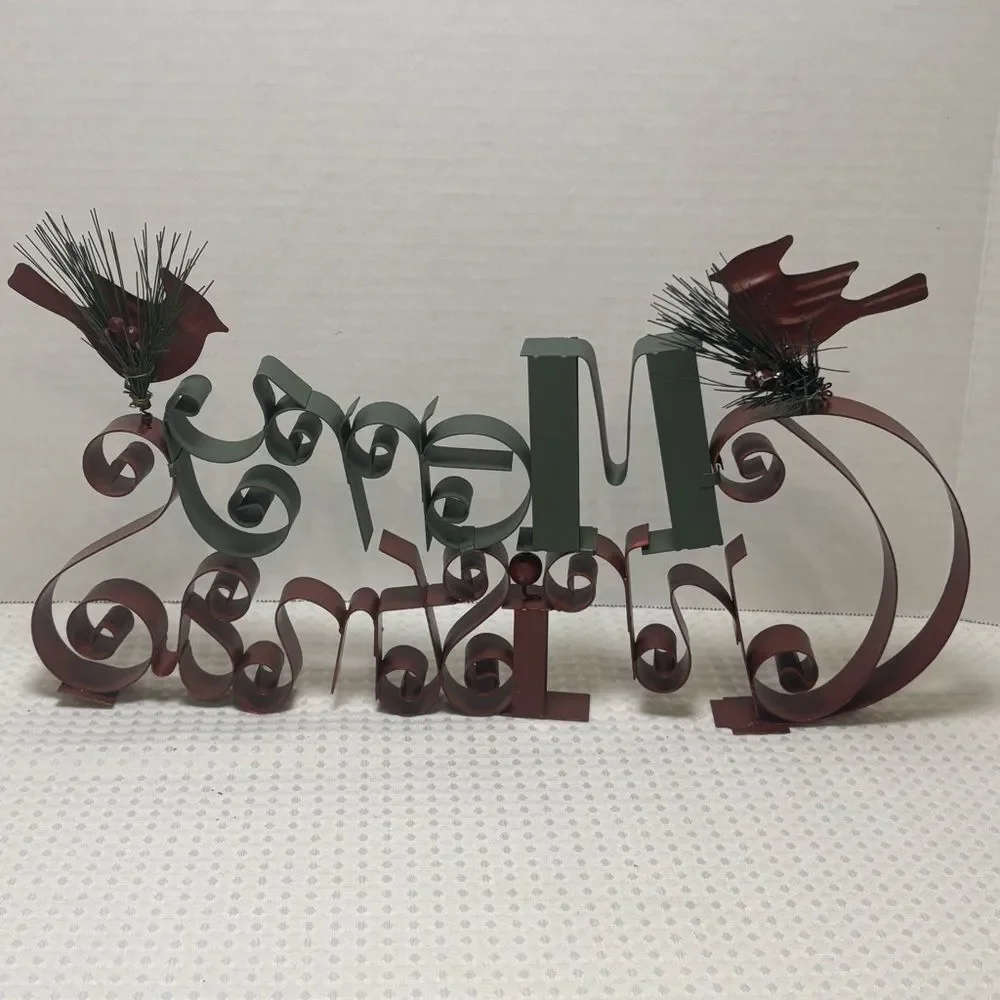 Vintage Homco Red Green Metal Merry Christmas Plaque Sign Cardinals